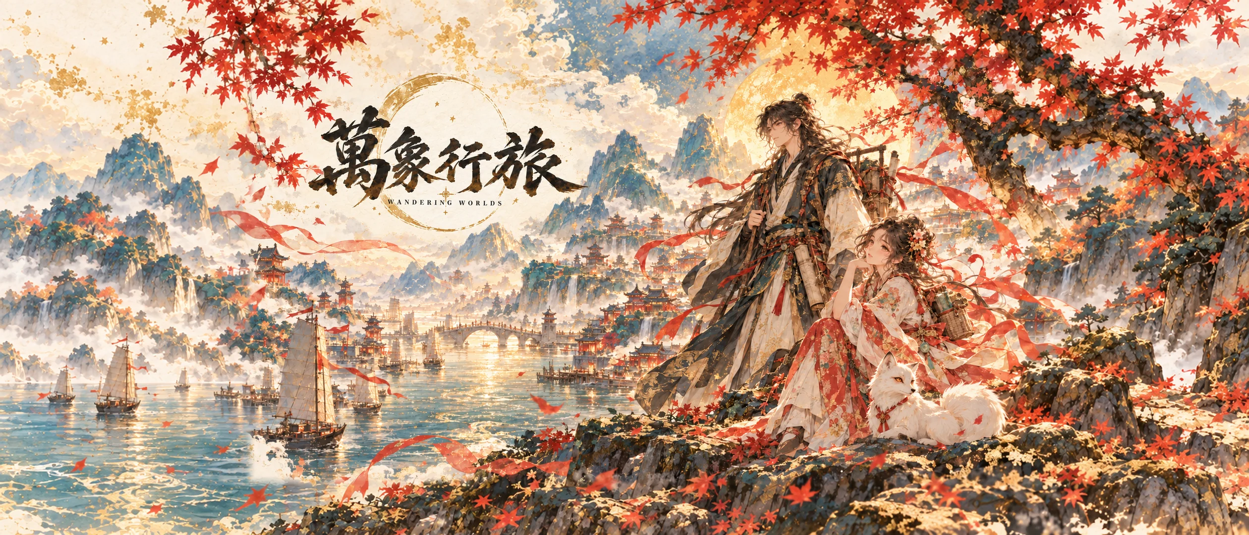 萬象行旅主視覺：書法標題與雲行、鹿遙、白狐在紅楓山崖上眺望山海城鎮
